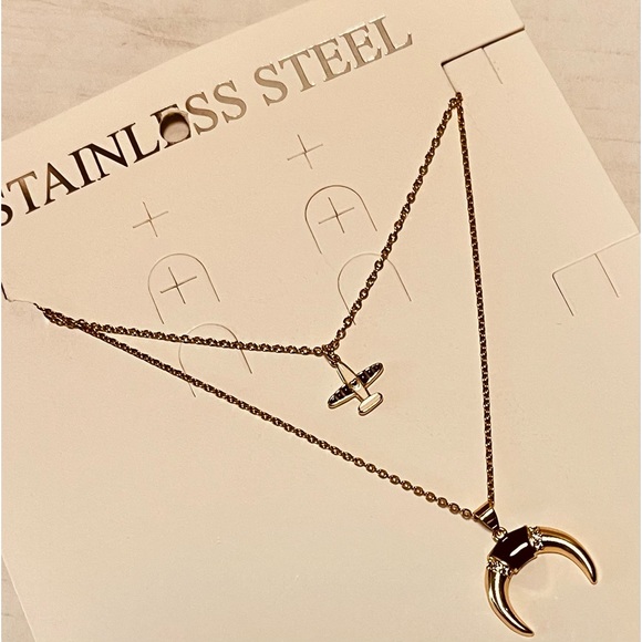 FASHION JEWELRY CHAIN STAINLESS STEEL DOUBLE LAYER HORN & AIRPLANE GOLD COLOR ** - Picture 11 of 11